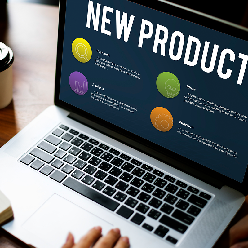 Laptop screen displaying the words 'new product'
